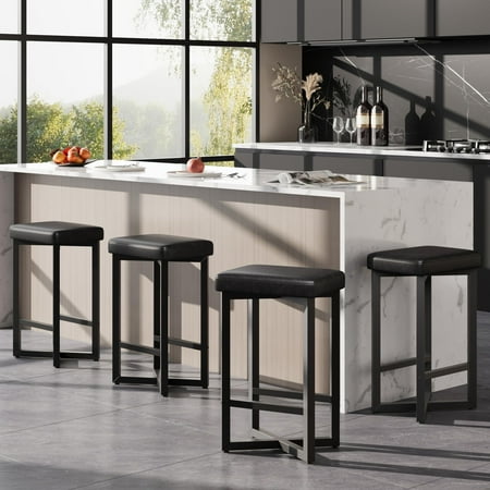 Bar Stools Set of 4, Counter Height Bar Stools, Upholstered PU Leather Seats, Mid-Century Modern Counter Stools, 24.6-Inch Tall, Kichen Home Bar Dining Room