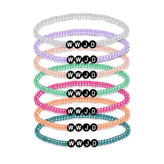 DESIGNICE 7Pcs Colorful Wwjd Bracelets Teen Girl Summer Beaded Bracelets Religious Stretch Bracelets