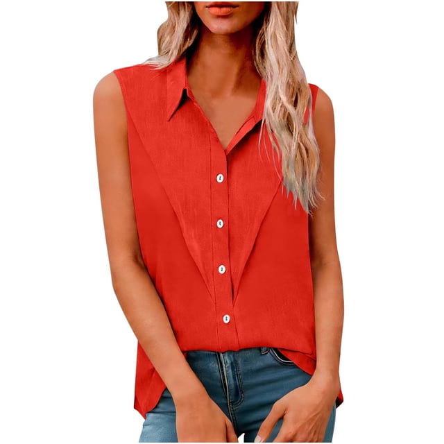 Tank Tops de Verano de las Mujeres Suelto Ajuste Solapa sin Mangas Botón Imitación de la Túnica de Lino, Verano Manga Larga Tops para las Mujeres Blusa Casual