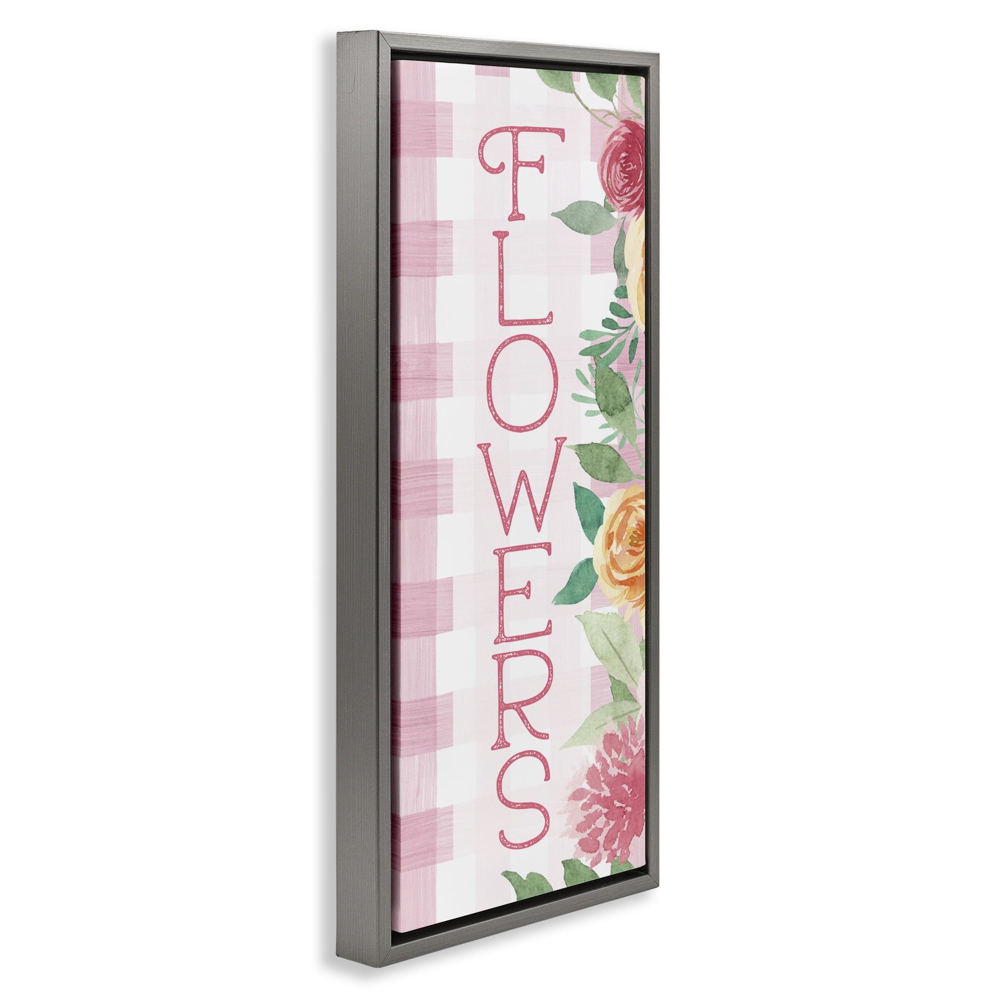 Stupell Industries Pink Gingham & Flowers Gray Framed Floater Canvas Wall Art, design by Lux + Me Designs