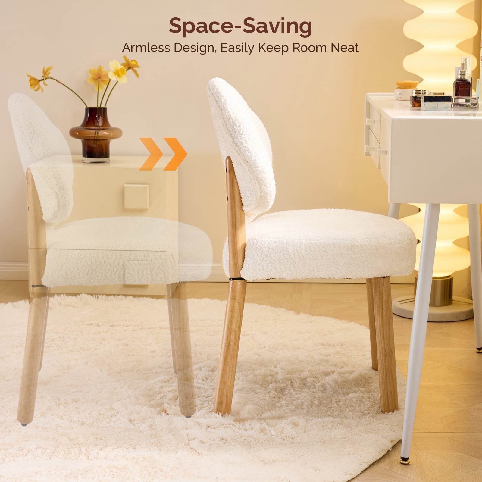 Ktaxon Blended Chenille Armless Vanity Chair Cloud Backrest Desk Chair, Rubber Wood Makeup Chair for Bedroom Living Room Office Reading Room White