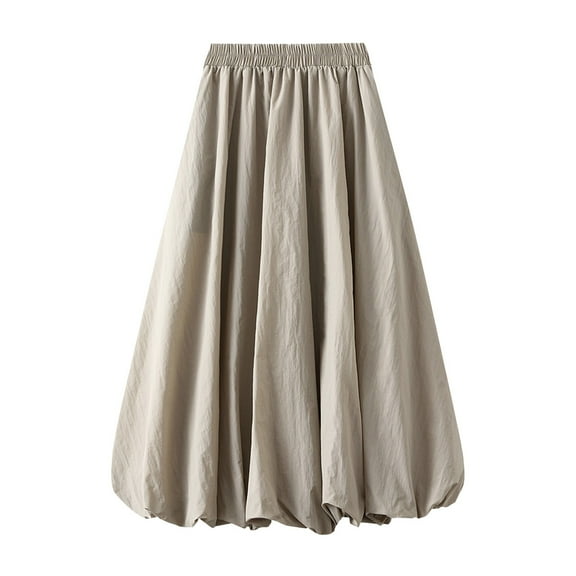Npasoilc Latern Skirts for Women Elastic High Waist A-line Pleated SKirt Solid Color Casual Slimming Mid-Length Skirt