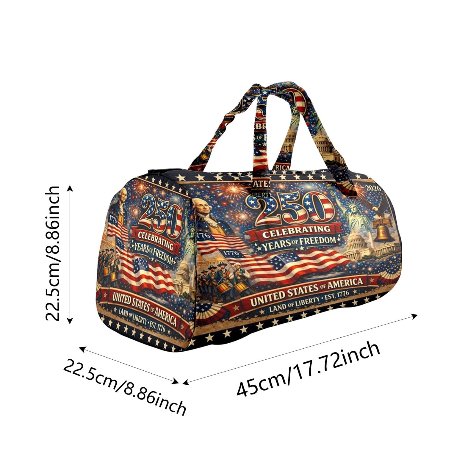 9"x9"x18" America 250th Anniversary âYears OF Freedomâ Heritage Handmade Hippie Van Quilted Duffle Bag, Declaration Of Independence Printed Hippie Van Quilted Duffle Bag, Boho Travel Bag