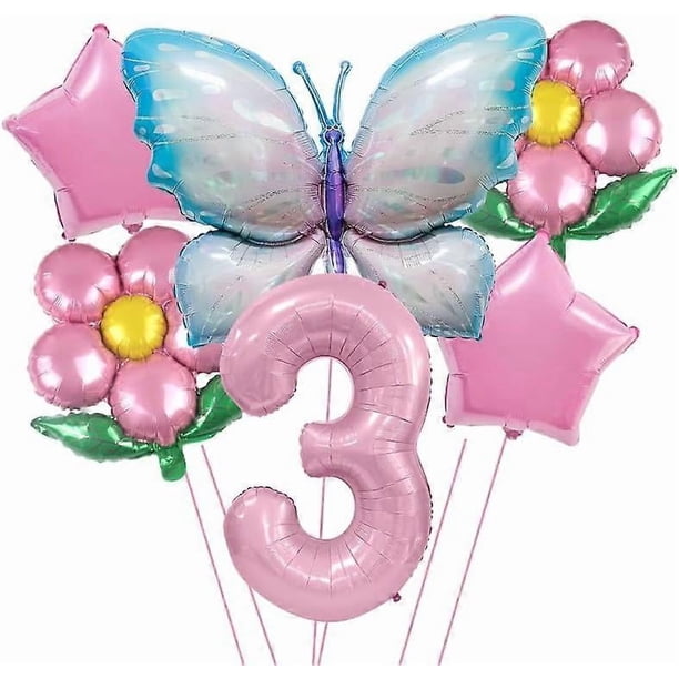 3rd Birthday Decoration Butterfly Balloons,Pink Blue Butterfly Fairy Flower Foil Balloons for Girls 3rd Birthday Party Decoration Baby Shower Supplies