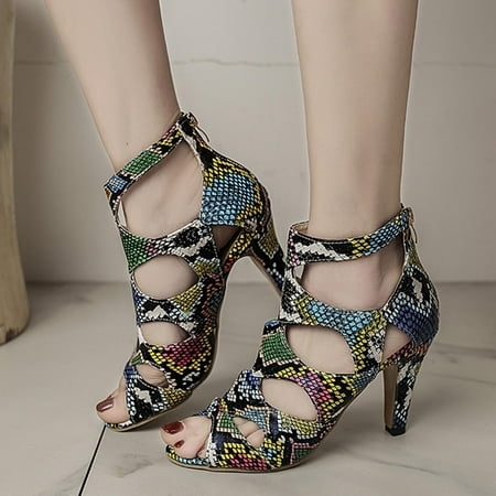 

CHGBMOK Clearance Womens Sandals Summer Zipper High Heels Open Toe Breathable Sandals Snake Pattern Shoes