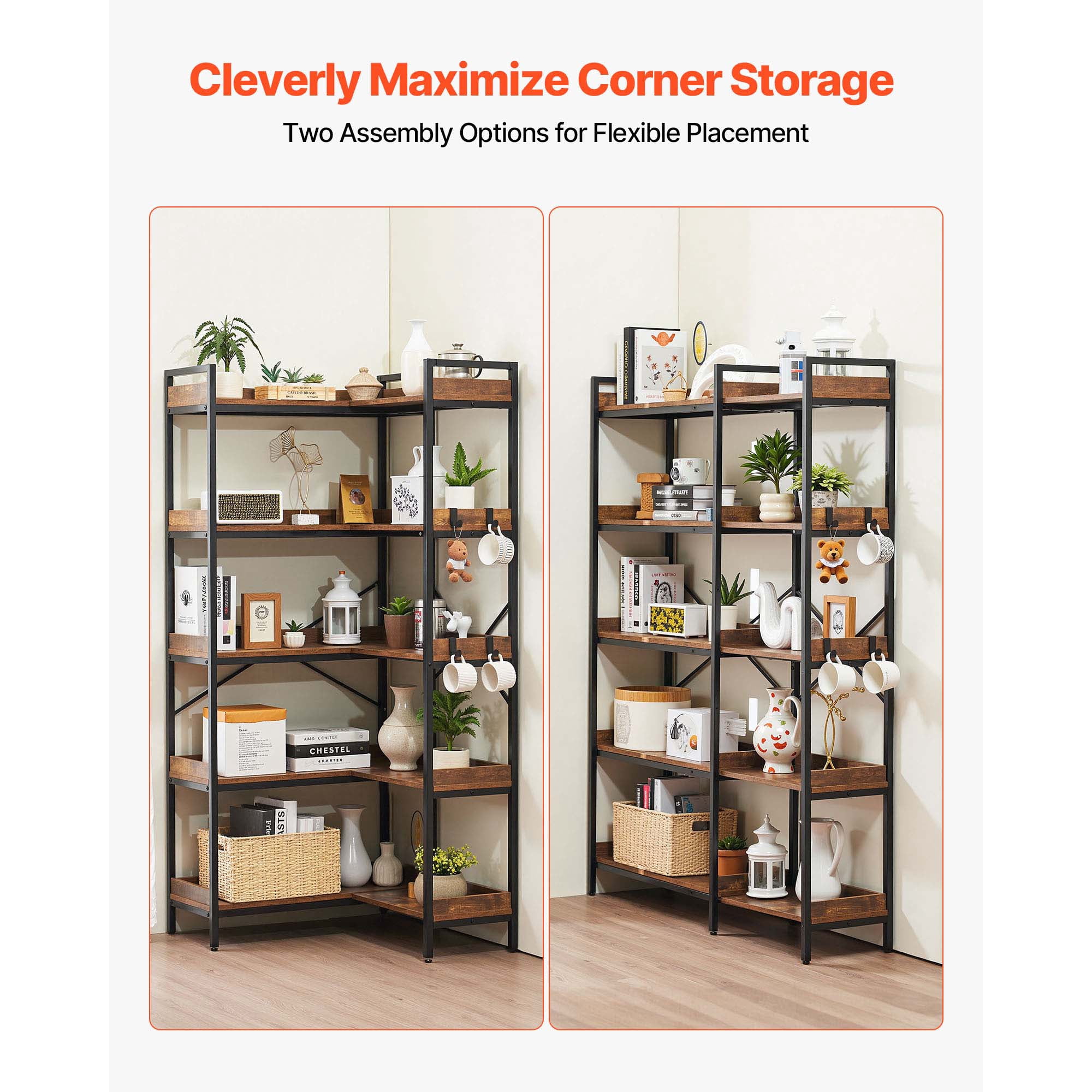 KFFKFF 5-Tier Corner Bookshelf with 4 Hooks, 65.4" Tall L-Shaped Bookcase with Sturdy Metal Frame & Wooden Shelves, Industrial Corner Display Shelf for Bedroom, Living Room, Office