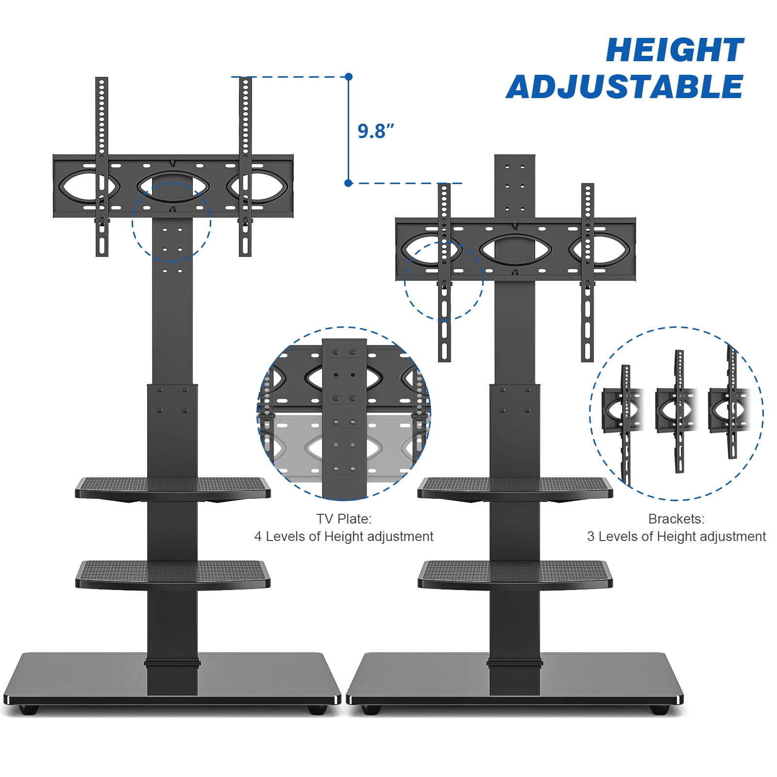 RTVR Modern Floor TV Stand with Mount for 32-70 inch Flat Screens, Black Swivel TV Stand with 2 Adjustable Shelves