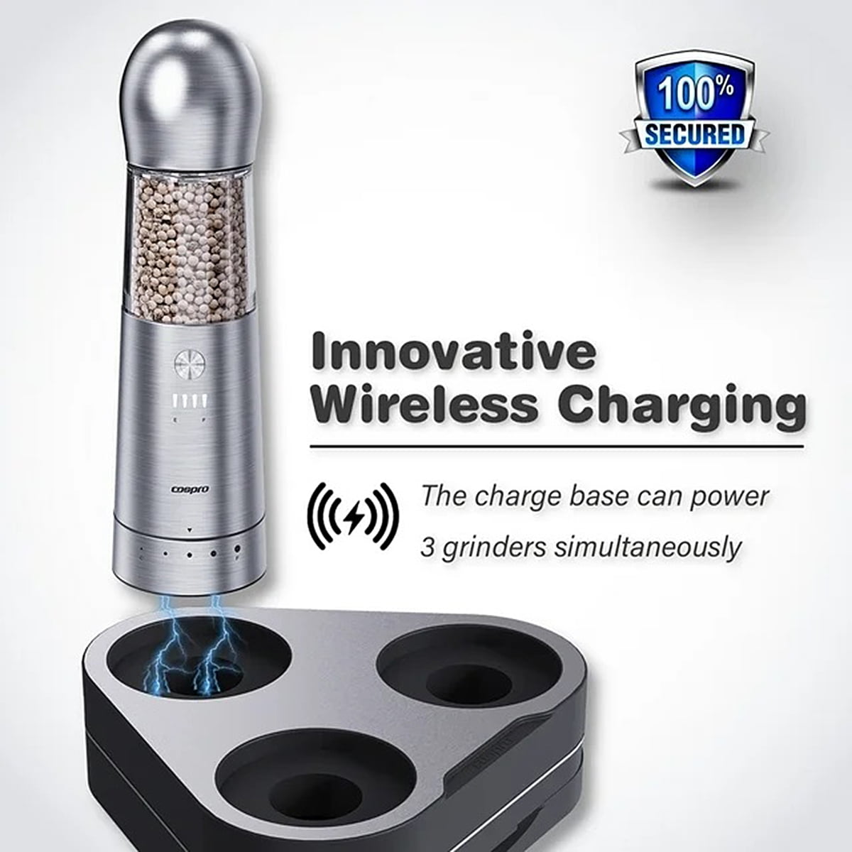 COSPRO 3-in-1 Wireless Charging Electric Salt and Pepper Grinder Set, Rechargeable Automatic Stainless Steel Spices Mill Set - One-Hand to Operate, Adjustable Coarseness, Easy Cleaning