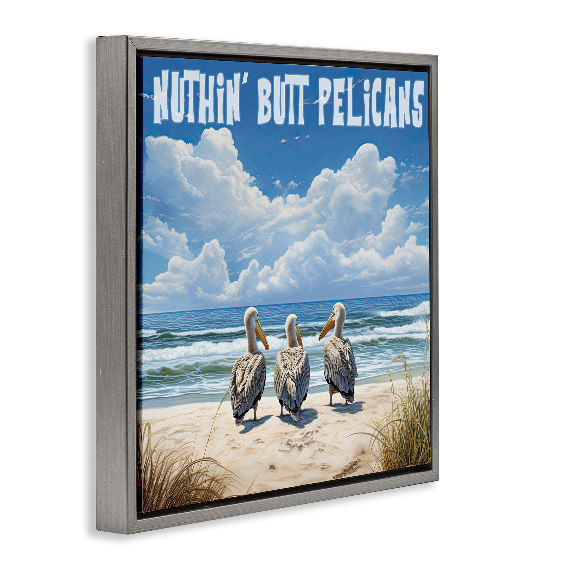 Stupell Industries Nuthin' Butt Pelicans Coastal Painting Gray Floater Framed Canvas Art Print Wall Art, 18 x 18