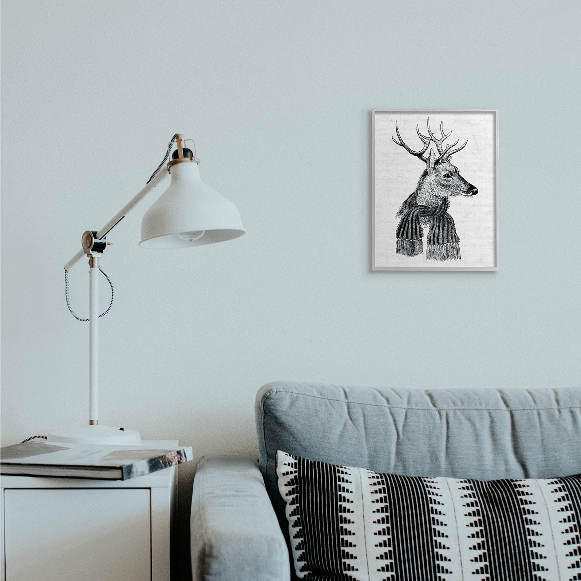 Stupell Industries Reindeer in Scarf Minimal Vintage Portrait Holiday Painting Gray Framed Art Print Wall Art, 11 x 14