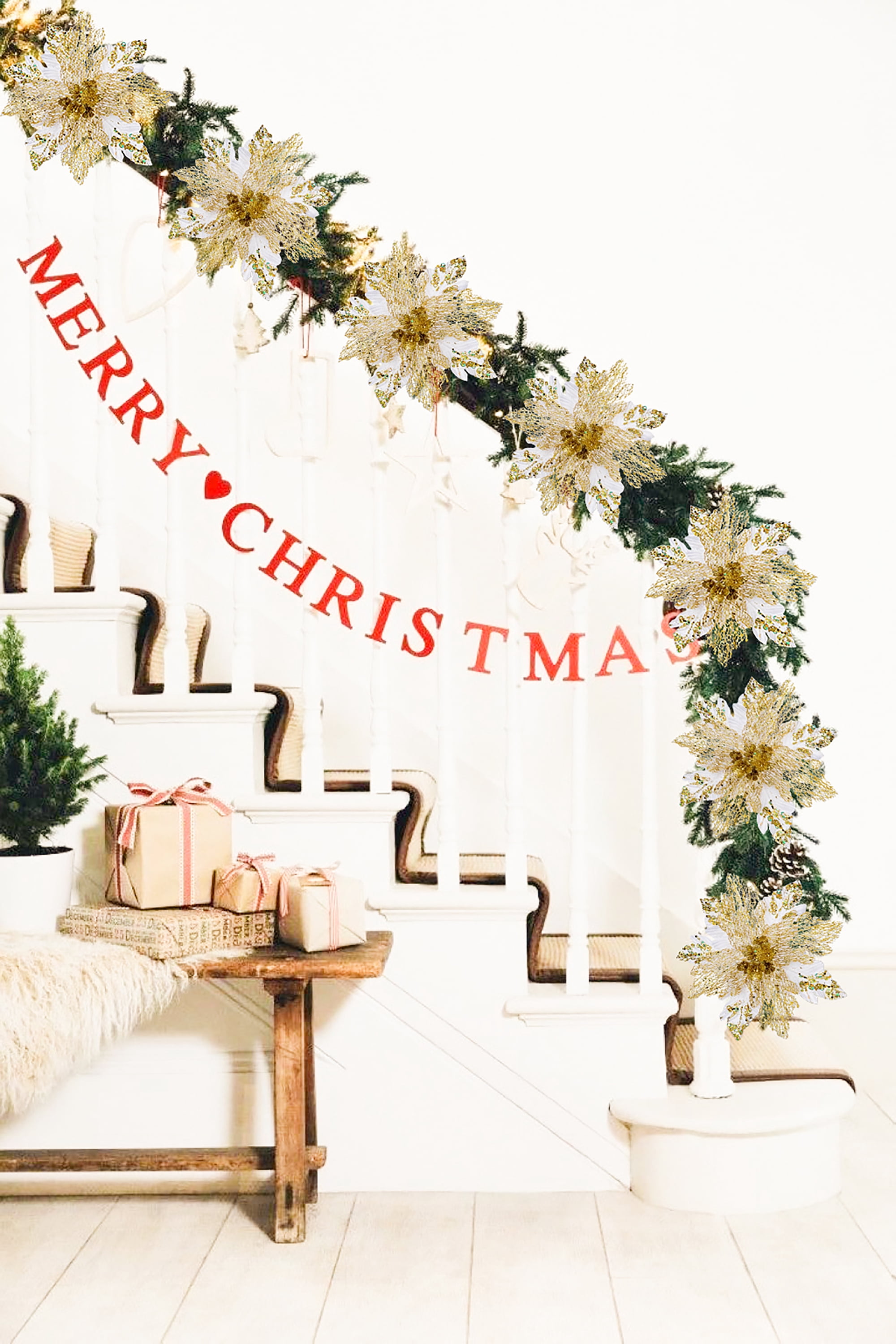 6PCS Poinsettias Christmas Tree Flowers 9.8'' Artificial Christmas Floral Picks and Sprays Large White Gold Silk Flowers with Stems for Xmas Home Vase Table Centerpiece Garland Decor