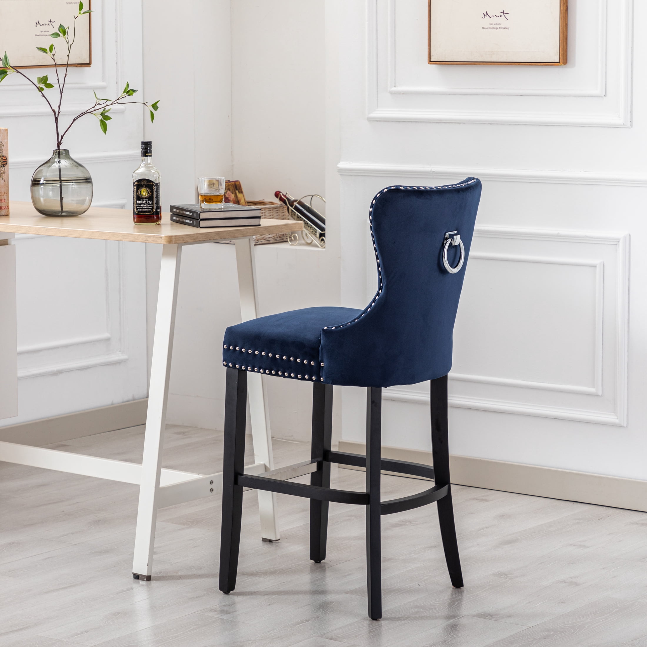 Westin Outdoor 29" Tufted Velvet Counter Stool, Black/Velvet Navy Blue