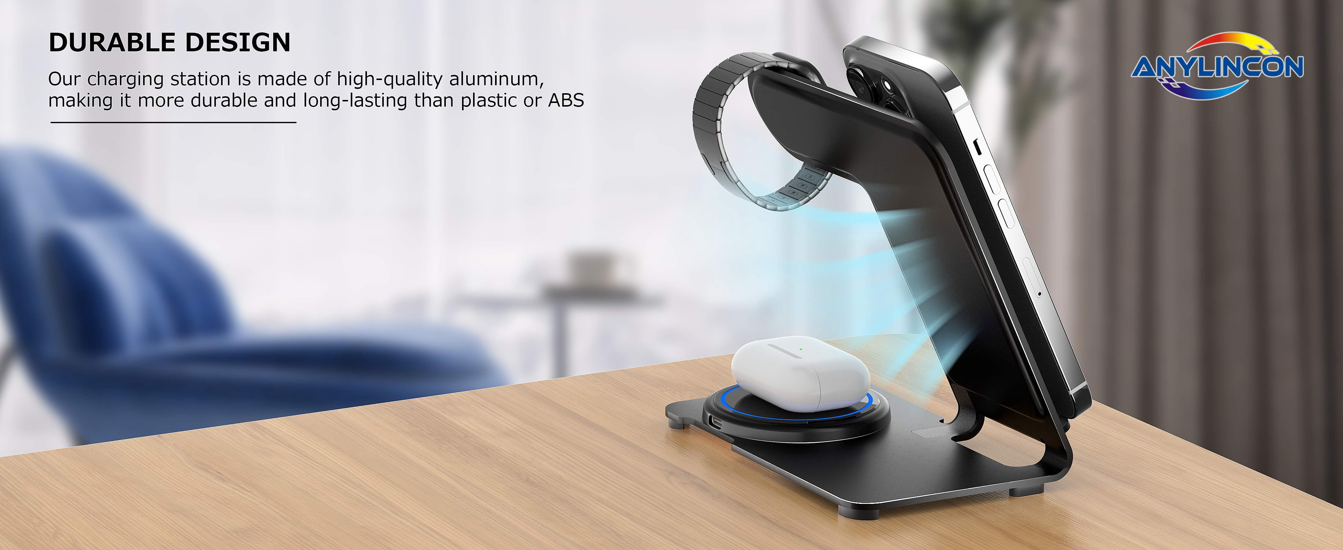Wireless Charger, Aluminum Alloy 3 in 1 Wireless Charging Station for Apple iPhone/iWatch/Airpods,iPhone 14,13,12,11 (Pro, ProMax)/XS/XR/XS/X/8(Plus),iWatch8/7/6/SE/5/4/3/2,AirPods 3/2/pro