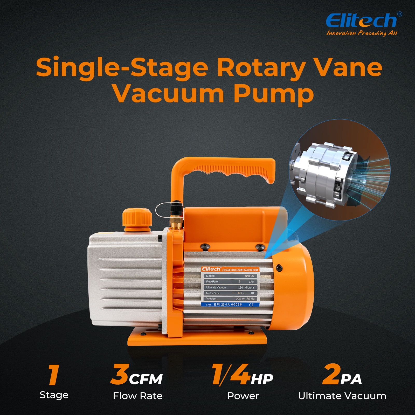 Elitech NVP-3 HVAC Vacuum Pump 3CFM 1.5L/S 1/4HP Single Stage Rotary Vane Air Vacuum Pump for HVAC and Refrigeration Systems, Durable and Easy to Maintain