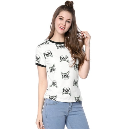 Good Women Cat - Women Short Sleeve Contrast Trim Cartoon Cat Print Tee Shirt White M
