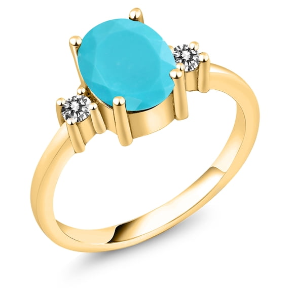 Gem Stone King 1.63 Ct Oval Green Turquoise White Diamond 18K Yellow Gold Plated Silver Ring (Size 6)