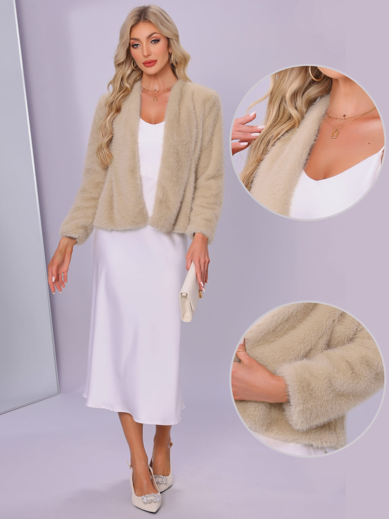 DARING DIVA Women's Faux Fur Long Sleeve Open Front Fluffy Jacket S Champagne Gold