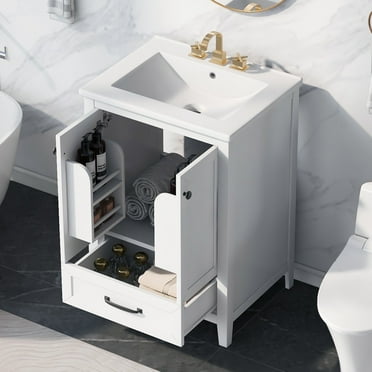 24" Bathroom Vanity with Sink, Freestanding Bathroom Vanity Cabinet with Drawer and Doors, White