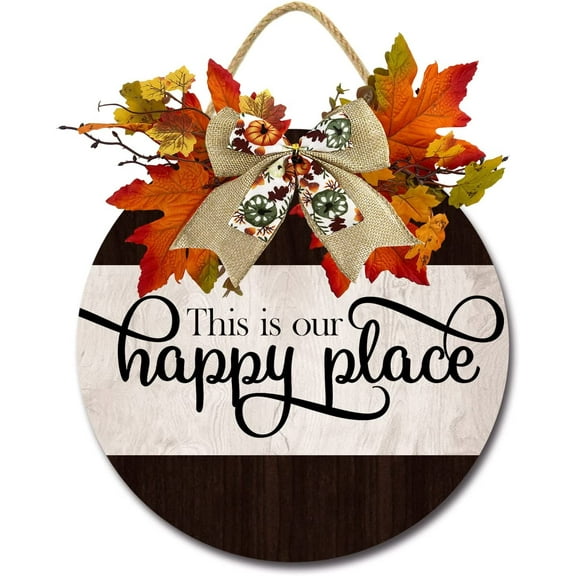 Eveokoki 12" This is Our Happy Place Sign for Front Door Farmhouse Porch Rustic Round Wooden Hanging Wreaths for Housewarming Gift Festival Maple Leaves Decoration Outdoor Indoor Wall Decor
