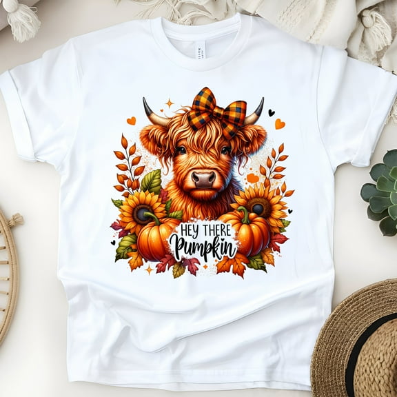 Hey There Pumpkin Highland Cow Shirt | Cute Fall Sunflower Pumpkin Tee | Autumn Graphic T-Shirt, White, Size S