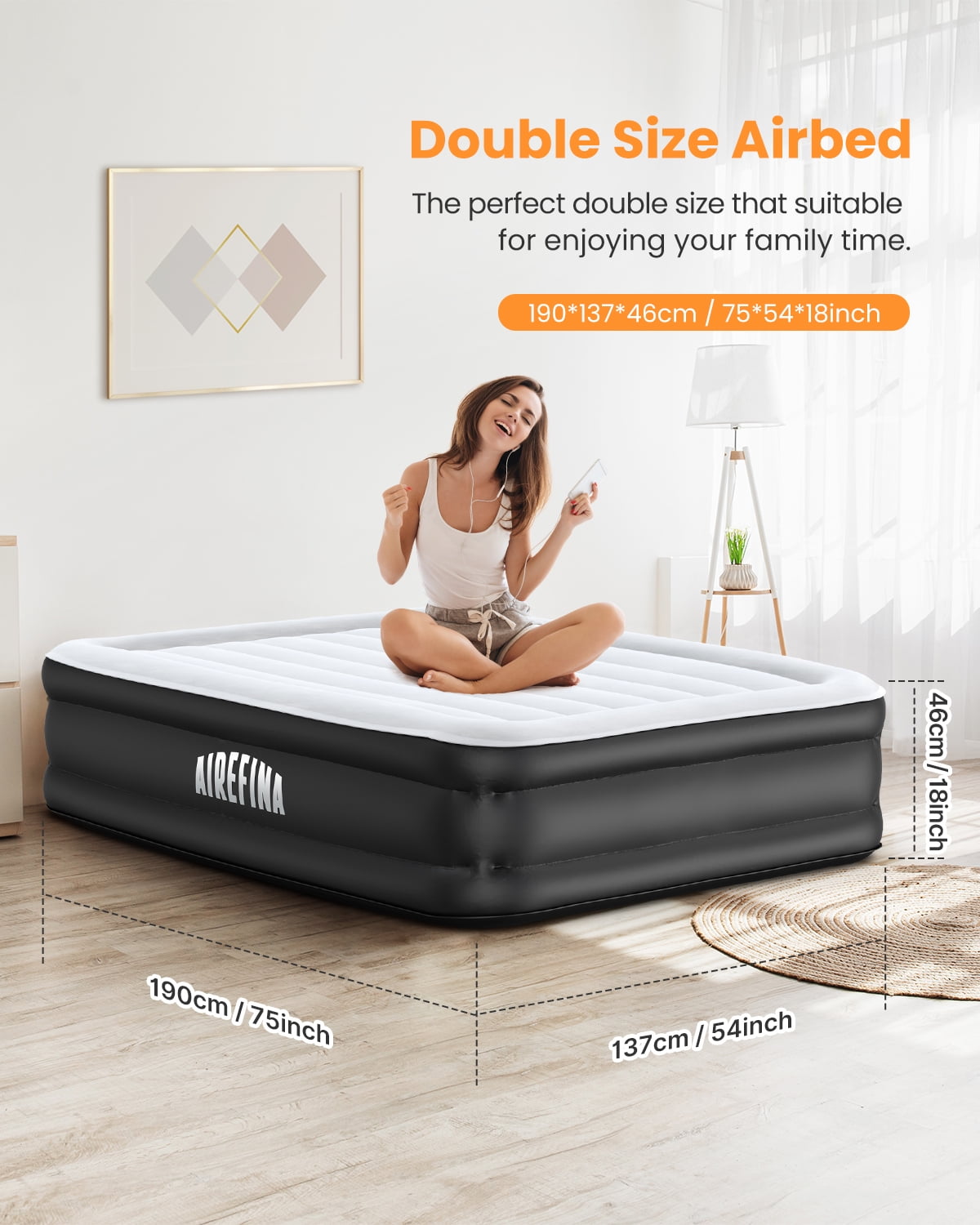 Airefina Full Size Air Mattress with Built-in Pump, Quick Self-Inflation/Deflation in 2.5 Mins, 650lb MAX