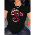 thumbnail image 1 of 1pc Women'S Casual Cotton T-Shirt with Floral Crown Letter Print, Geometric Pattern, Round Neck, Short Sleeve, Comfortable Summer Top for all Seasons, 1 of 5