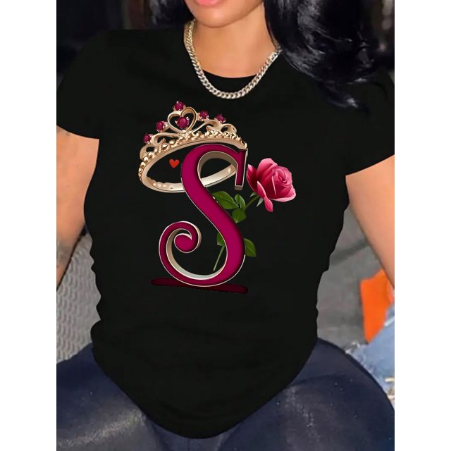 1pc Women'S Casual Cotton T-Shirt with Floral Crown Letter Print, Geometric Pattern, Round Neck, Short Sleeve, Comfortable Summer Top for all Seasons