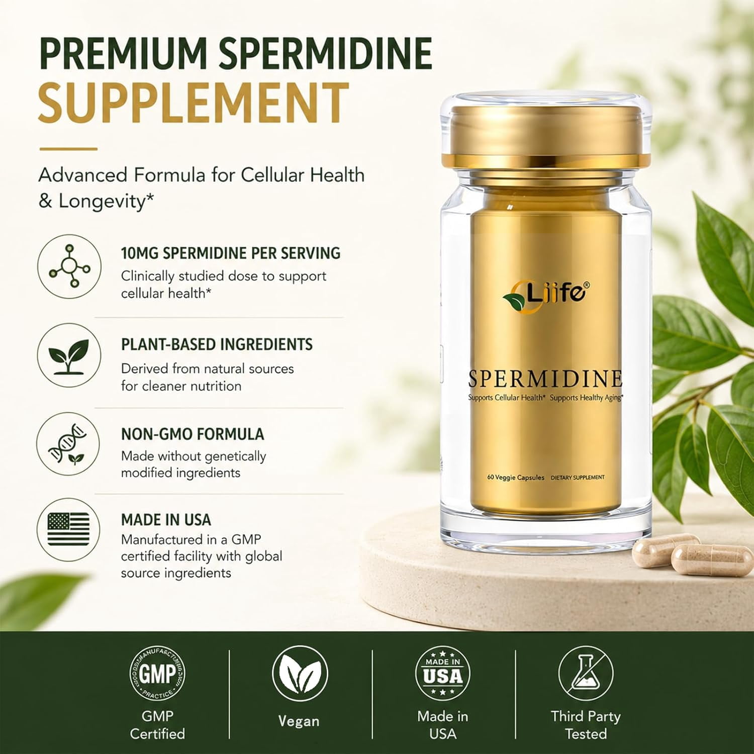 LIIFE Spermine Supplement for Women & Men（6-in-1 Formula）— 60 Vegan for Cellular Health, Anti-Aging & Energy* - Made in USA - 10MG Spermine Per Serving
