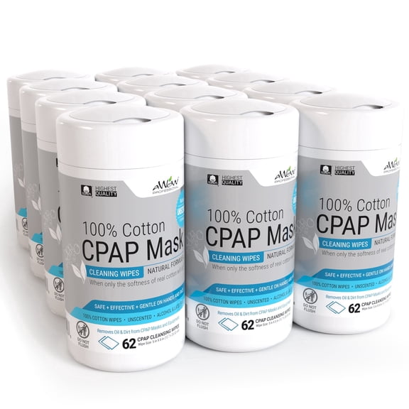 AWOW Professional CPAP Mask Cleaning Wipes, Unscented, 100% Cotton, 62 Count (Pack of 12)