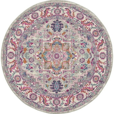 HomeRoots 5' Gray Round Floral Power Loom Area Rug