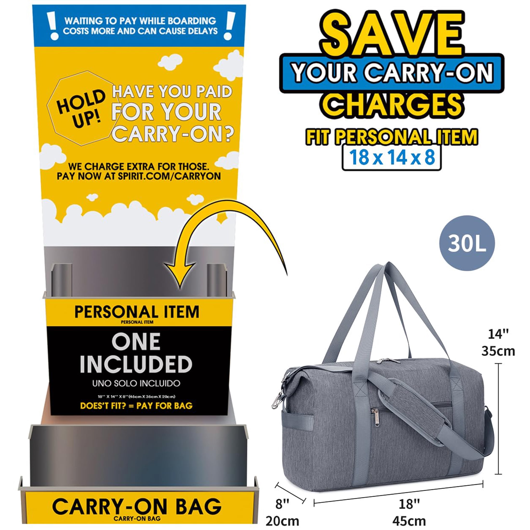 Carry on Underseat Bag Airplane Approved for Travel, Duffel Bag with Adjustable Straps & Wet Pocket for Women and Men for Weekender Gym, 30L, Grey