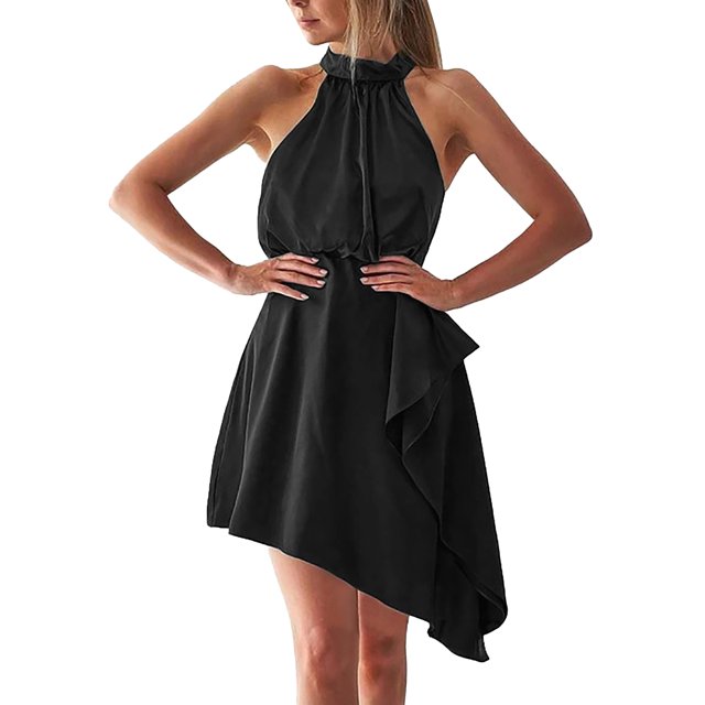 Vestido corto de satén de verano para mujer, sin mangas, cuello halter, dobladillo irregular, volantes, mini vestido de noche para fiesta, boda, fecha