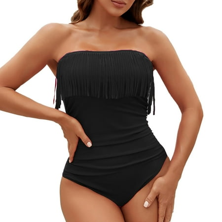 Womens One-Piece Swimsuits Solid Color Long Torso Bandeau Underwire Bra With Removable Straps One Piece Swimsuit Women Swimwears Bathing Suits Black XXL