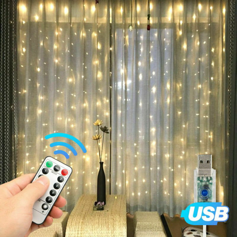 300LED/10ft Curtain Fairy USB String Lights Party Wedding Home w/Remote Control 