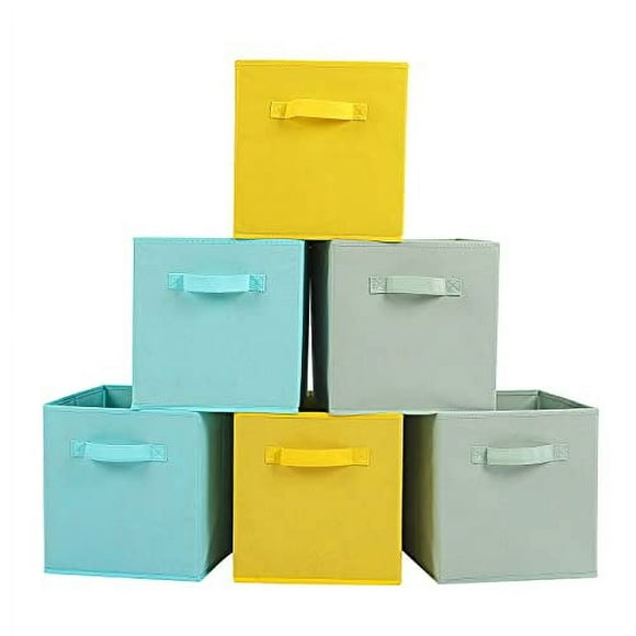 Stero 13x13x13 Inch Fabric Storage Bins 6 Pack Fun colored Durable Storage cubes with Handles Foldable cube Baskets for Home, Kids Room, closet and Toys Organization cyan, green, Yellow, Pur