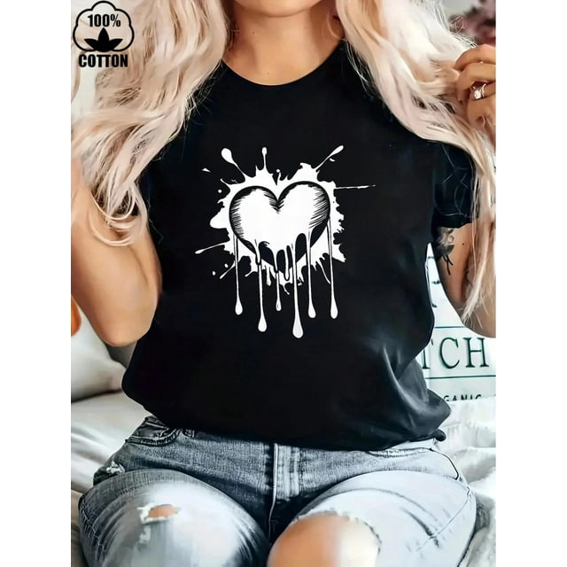 Camiseta con estampado "Feliz Día de San Valentín" para mujer, cuello redondo, informal, de algodón puro grueso, para adultos, hombres, mujeres, adolescentes, jóvenes, deportes casuales.