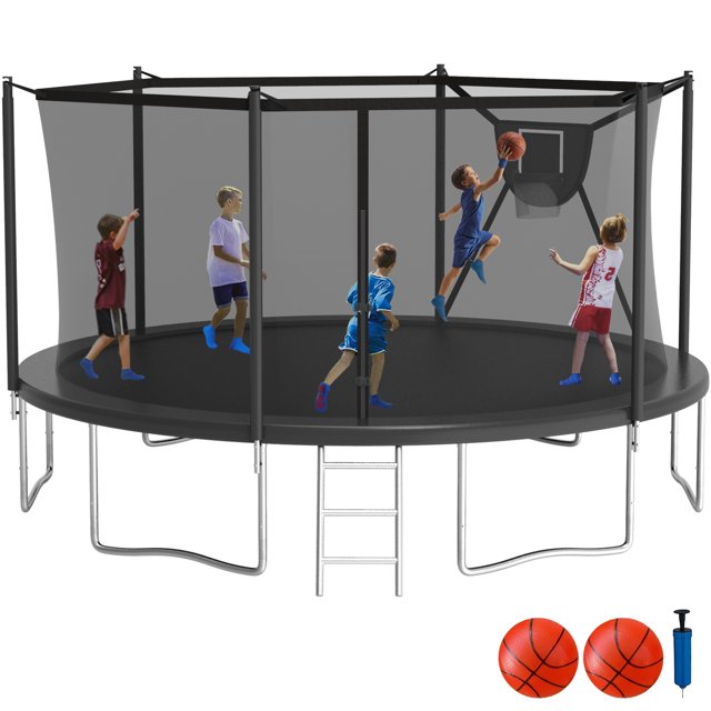 KOFUN Trampoline with Basketball Hoop, 1500lbs 10FT 12FT 14FT 16FT Trampoline for Adults and Kids, No Gap Design Backyard Trampoline with Enclosure Net, Ladder, Black