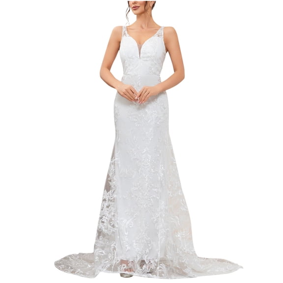 Mermaid Wedding Dresses for Bride, Womens Sleeveless Lace Long Bridal Gowns for Beach Wedding White S
