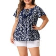thumbnail image 2 of DARING DIVA Women's Plus Round Neck Short Sleeve Floral Print Blouse 3X Navy Blue, 2 of 6