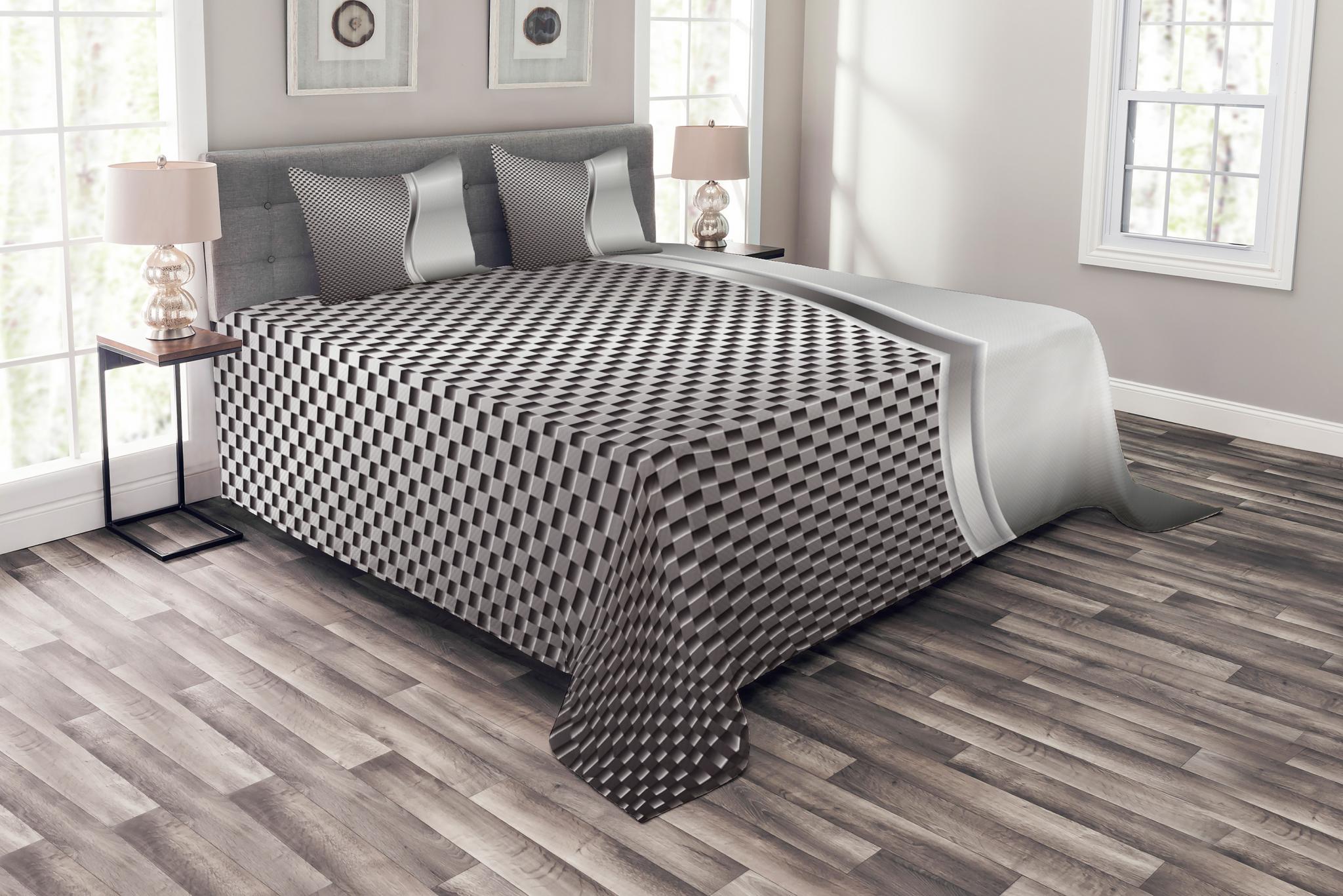 Grey Bedspread Set King Size, Cool Background with Square Shaped Grid