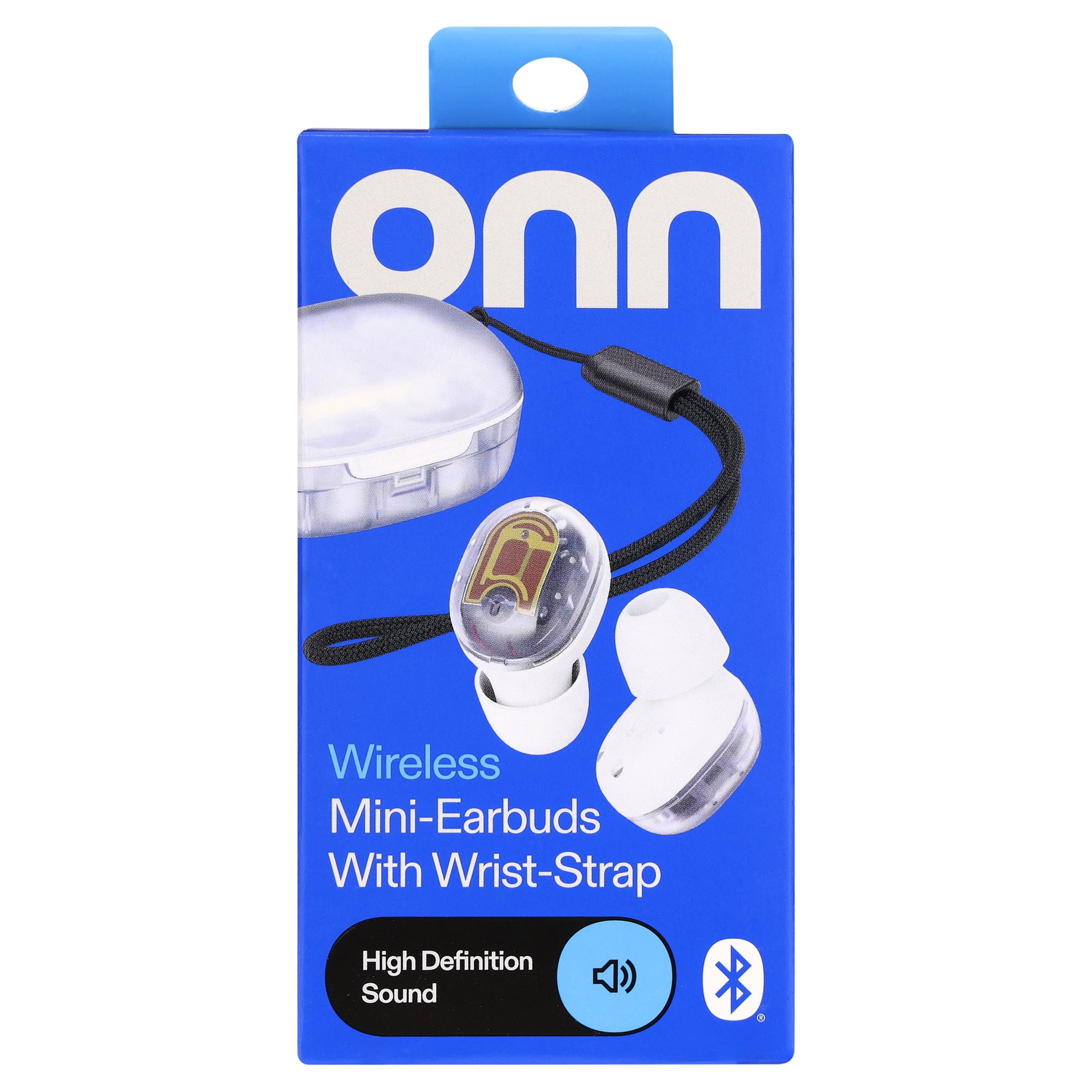 onn Wireless Mini-Earbuds with Wrist-Strap, Clear and White