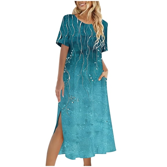 YuXingFu Summer Dresses for Women 2026 Petite Mid-Length Crew Neck Plus Size Womens Dress Short Sleeve Floral Casual Summer Blue S