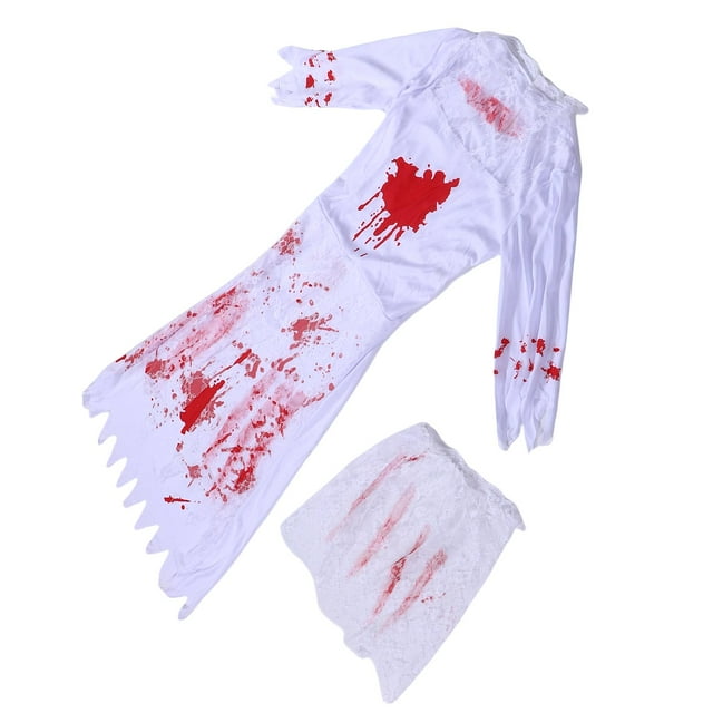 Déguisement de Mariée Zombie Femme Tenue Effrayante Robe de Mariée Tachée de Sang pour Festival Fête des Fêtes