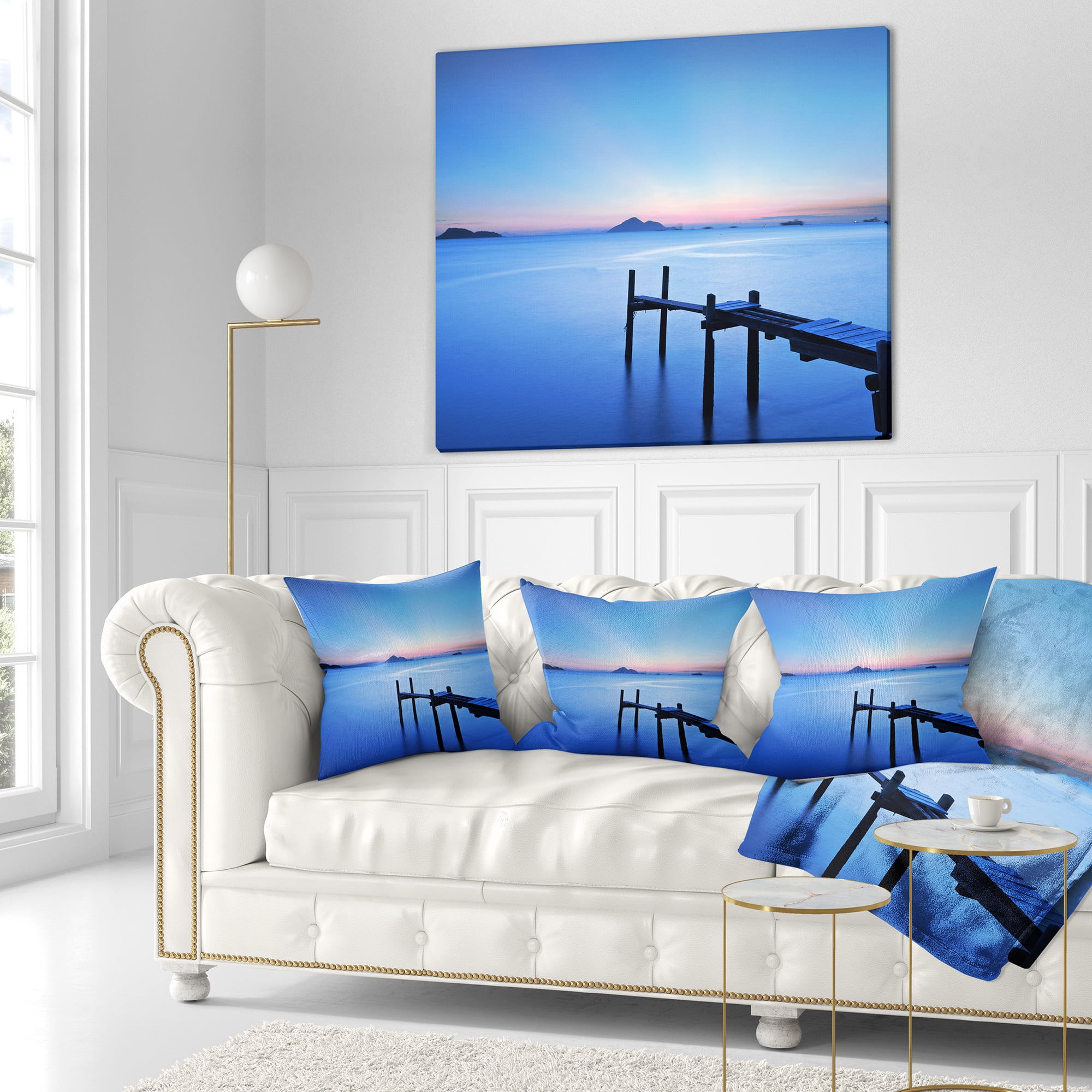 Designart Wooden Pier in Blue Sea - Seascape Throw Pillow - 16x16