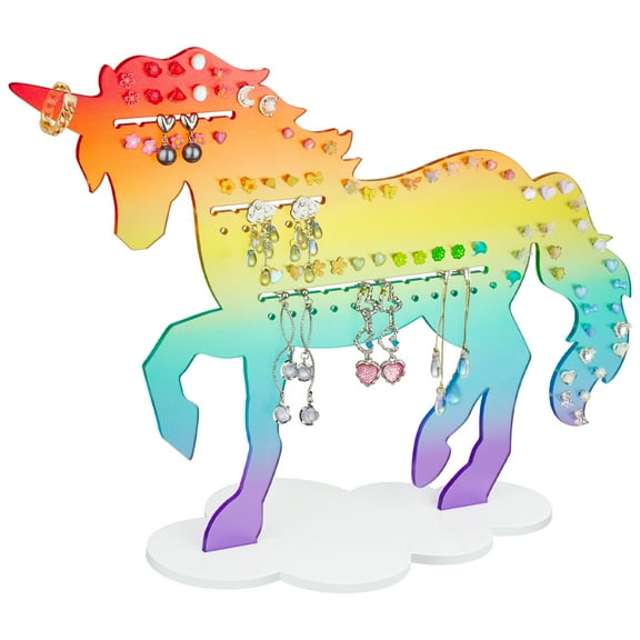 NiHome Large Rainbow Acrylic Unicorn Earring Organizer with Cloud Base, Gradient Color Stand with 88 Holes & 24 Grooves for Stud & Hook Earring Jewelry Display and Organization