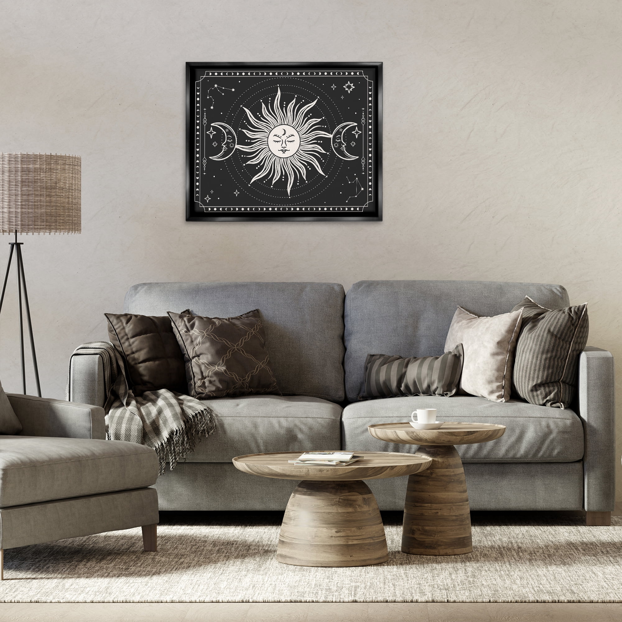 Stupell Industries Astrology Sun & Moon Pattern Astrology & Stars Painting Black Floater Framed Canvas Art Print Wall Art, 31 x 25