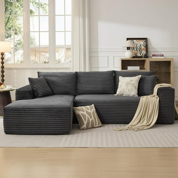 OUTGOODS 108" Modular Sectional Sofa, L-Shaped Plush Corduroy, Black/Charcoal/Beige/Olive