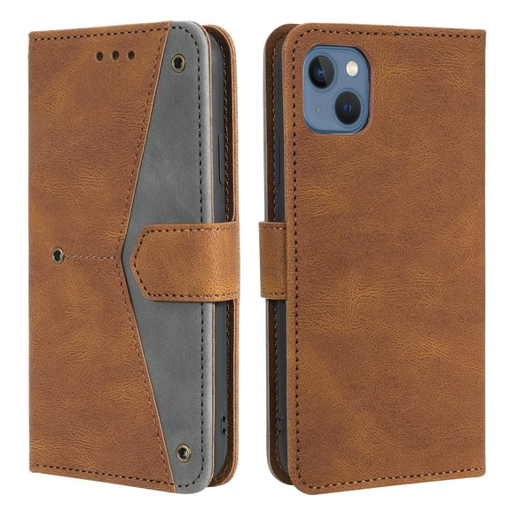 Phone Case for iPhone 14 Wallet Cover with Wrist Strap, Splicing PU Leather Flip Case Card Holder Slots Kickstand Magnetic Closure for Women Men for iPhone 14, Brown