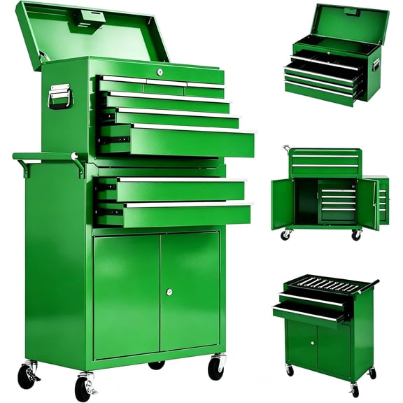 8-Drawer Rolling Tool Cabinet with Detachable Top Box Steel Green for Garage Workshop