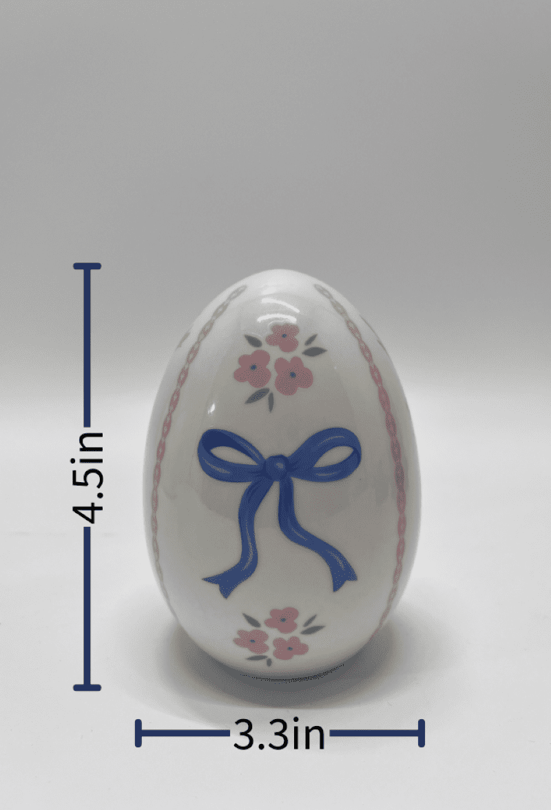 Ceramic Ribbon Bow Easter Egg Decoration, Blue and White, 4.5", by My Texas House